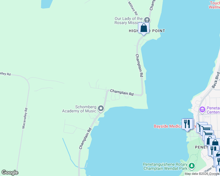 map of restaurants, bars, coffee shops, grocery stores, and more near 190 Champlain Road in Penetanguishene