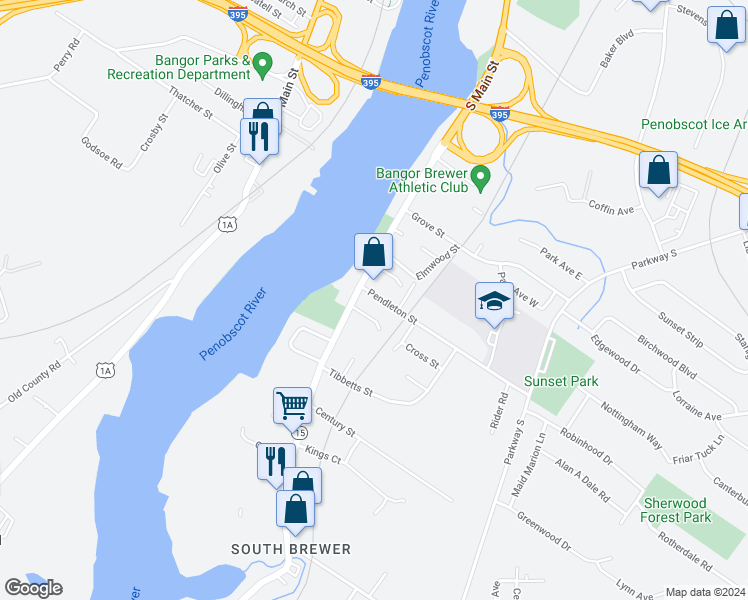 map of restaurants, bars, coffee shops, grocery stores, and more near 11 Pendleton Street in Brewer