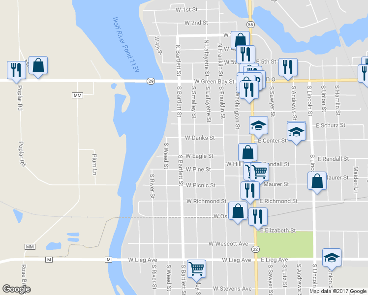 map of restaurants, bars, coffee shops, grocery stores, and more near 416 South Bartlett Street in Shawano