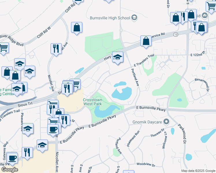 map of restaurants, bars, coffee shops, grocery stores, and more near 453 East Travelers Trail in Burnsville