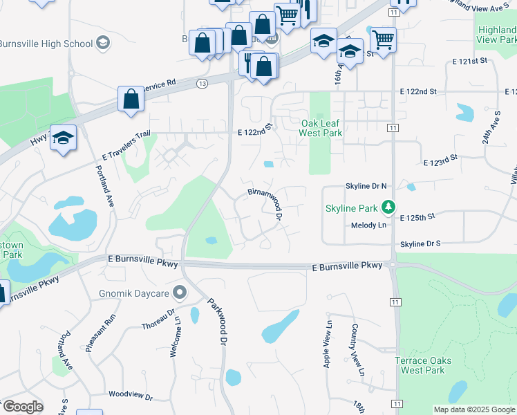 map of restaurants, bars, coffee shops, grocery stores, and more near 141 Birnamwood Drive in Burnsville