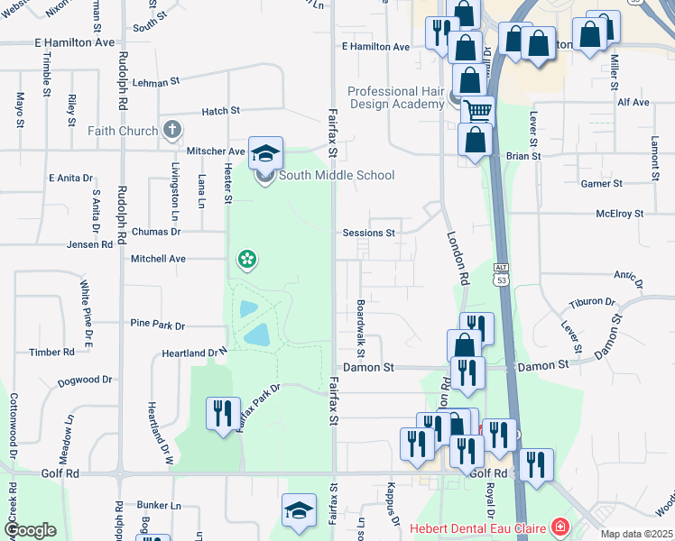 map of restaurants, bars, coffee shops, grocery stores, and more near 3711 Fairfax Street in Eau Claire