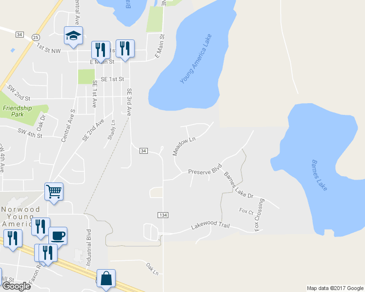 map of restaurants, bars, coffee shops, grocery stores, and more near 498 Meadow Lane in Norwood Young America