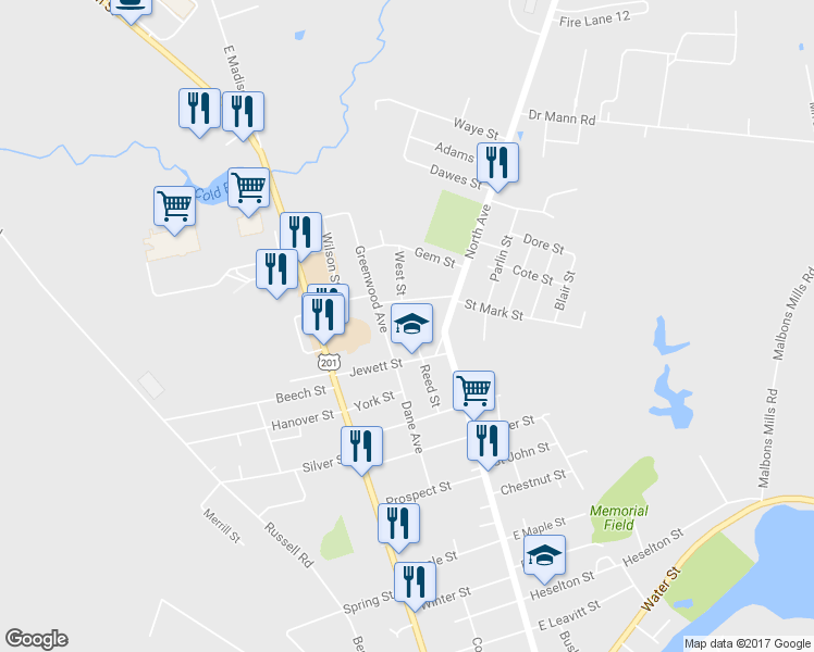 map of restaurants, bars, coffee shops, grocery stores, and more near 16 Wood Street in Skowhegan