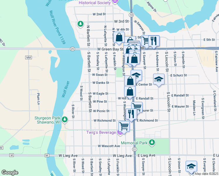 map of restaurants, bars, coffee shops, grocery stores, and more near 414 South Lafayette Street in Shawano