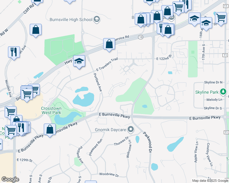 map of restaurants, bars, coffee shops, grocery stores, and more near 12531 Portland Avenue in Burnsville