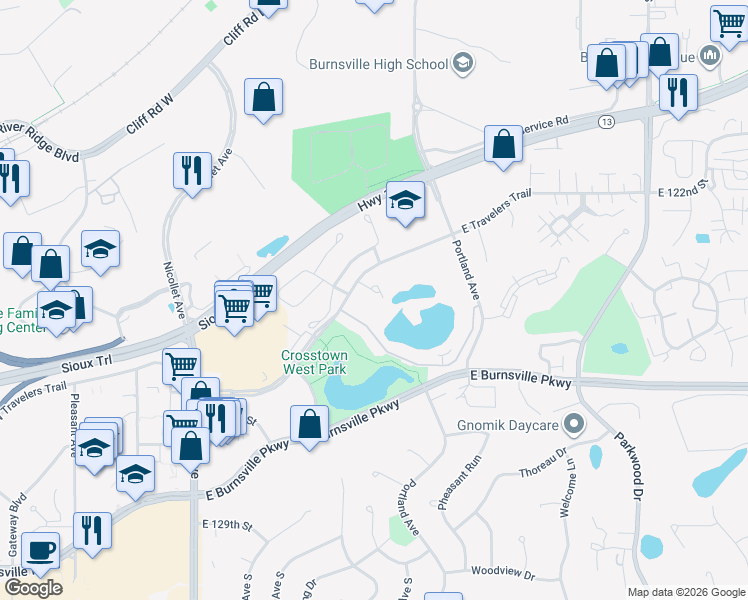 map of restaurants, bars, coffee shops, grocery stores, and more near 453 East Travelers Trail in Burnsville