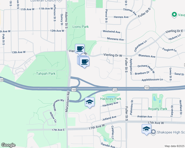 map of restaurants, bars, coffee shops, grocery stores, and more near 1601 Harvest Lane in Shakopee