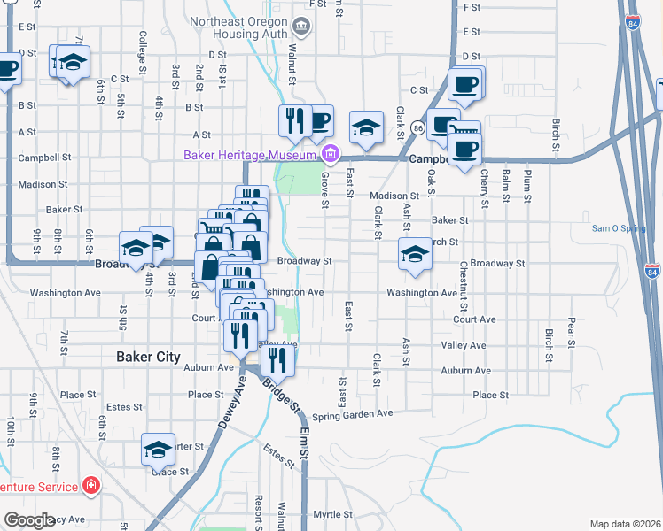 map of restaurants, bars, coffee shops, grocery stores, and more near 2040 Grove Street in Baker City