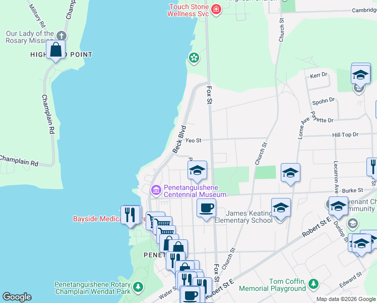 map of restaurants, bars, coffee shops, grocery stores, and more near 105 Peel Street in Penetanguishene