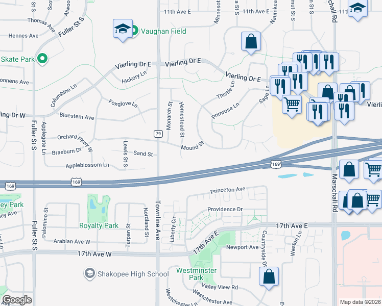 map of restaurants, bars, coffee shops, grocery stores, and more near 658 Mound Street in Shakopee