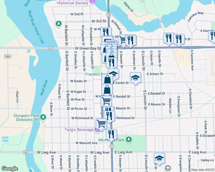 map of restaurants, bars, coffee shops, grocery stores, and more near 315 South Main Street in Shawano
