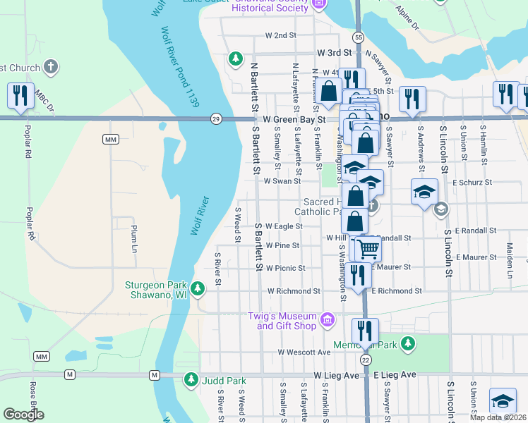map of restaurants, bars, coffee shops, grocery stores, and more near 416 South Bartlett Street in Shawano