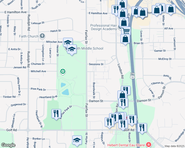 map of restaurants, bars, coffee shops, grocery stores, and more near 2463 Arthur Street in Eau Claire