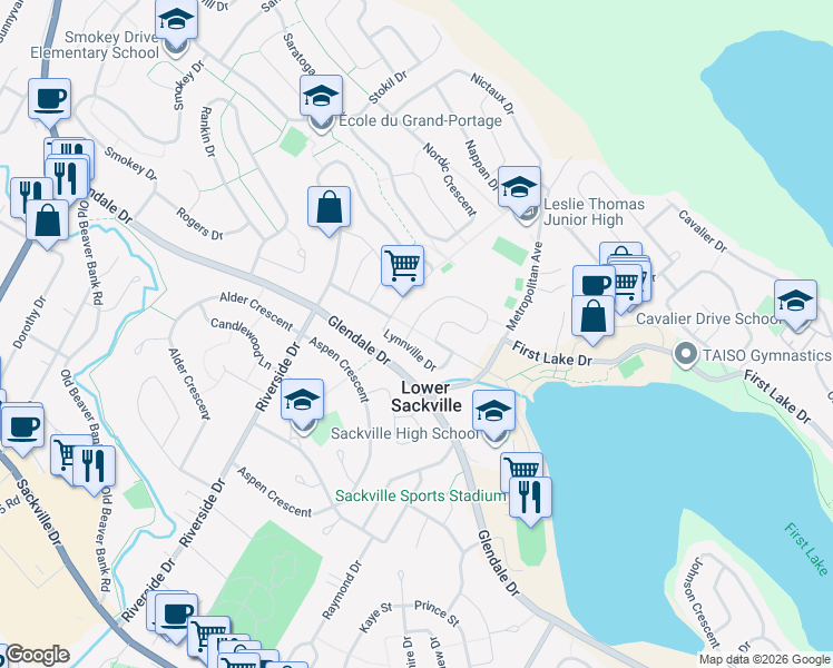 map of restaurants, bars, coffee shops, grocery stores, and more near 5 Lumsden Crescent in Lower Sackville