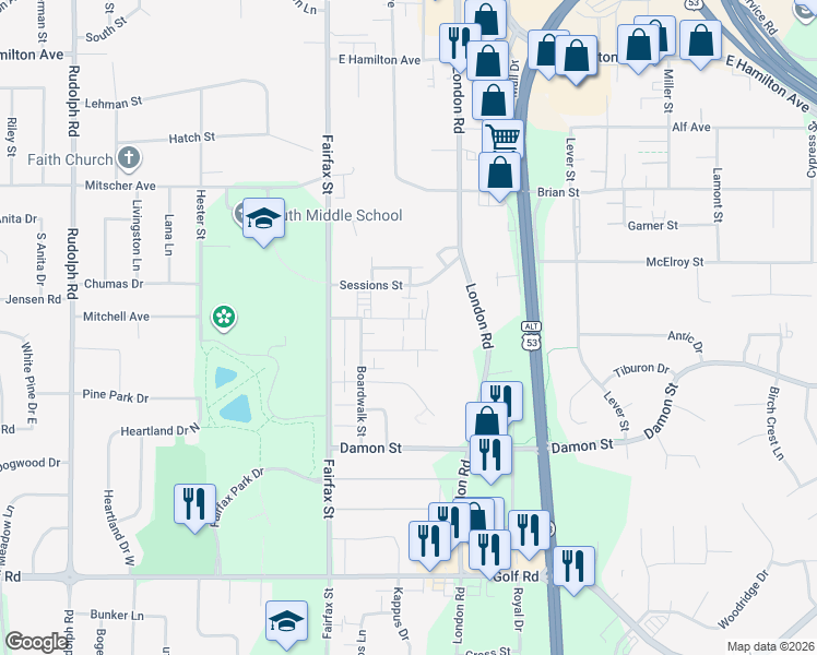 map of restaurants, bars, coffee shops, grocery stores, and more near 2499 Arthur Street in Eau Claire