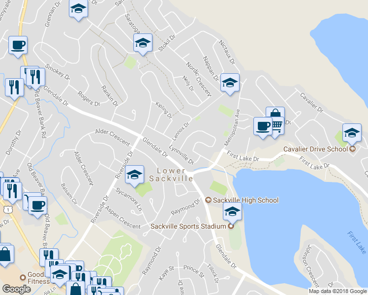 map of restaurants, bars, coffee shops, grocery stores, and more near 5 Lumsden Crescent in Lower Sackville