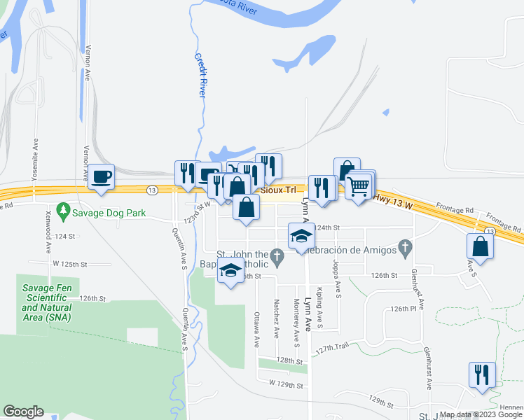 map of restaurants, bars, coffee shops, grocery stores, and more near 4735 123rd Street West in Savage