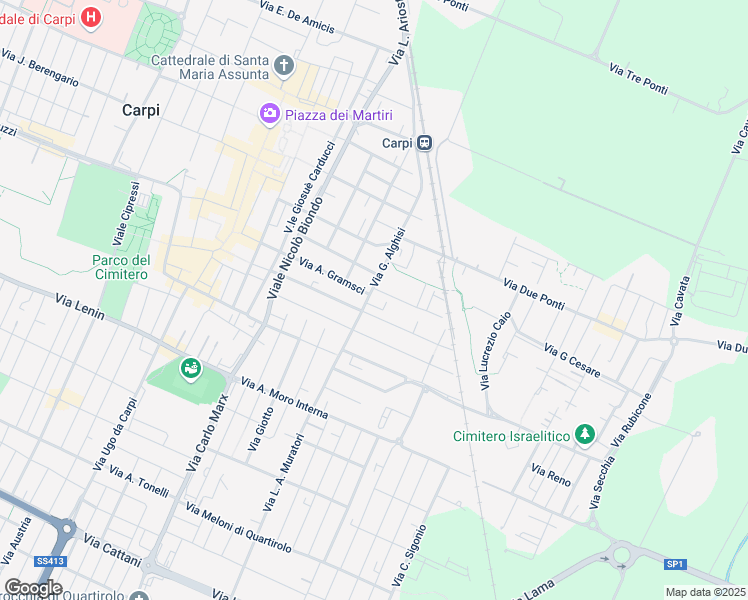 map of restaurants, bars, coffee shops, grocery stores, and more near 15A Via Giovanni Amendola in Carpi Centro