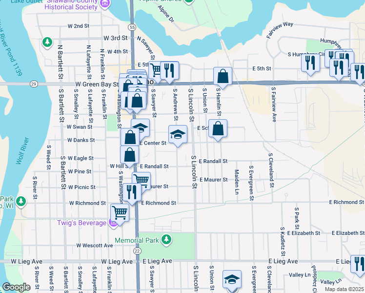 map of restaurants, bars, coffee shops, grocery stores, and more near 308 East Center Street in Shawano