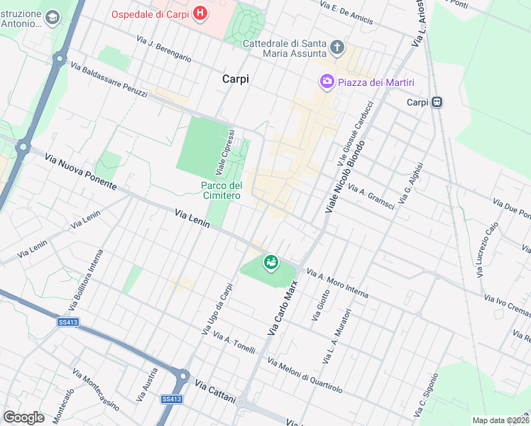 map of restaurants, bars, coffee shops, grocery stores, and more near Viale Felice Cavallotti in Carpi