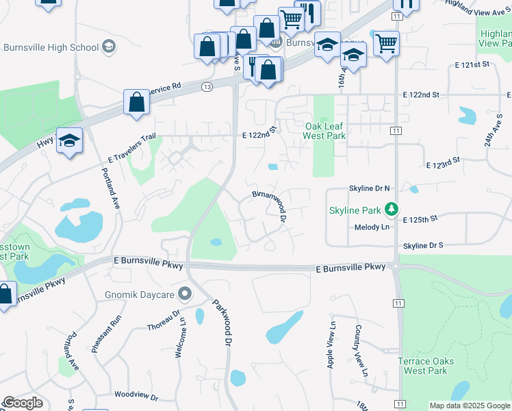 map of restaurants, bars, coffee shops, grocery stores, and more near 141 Birnamwood Drive in Burnsville
