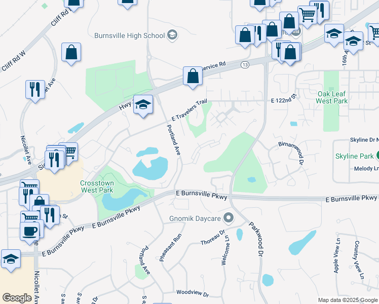 map of restaurants, bars, coffee shops, grocery stores, and more near 12501 Portland Avenue South in Burnsville