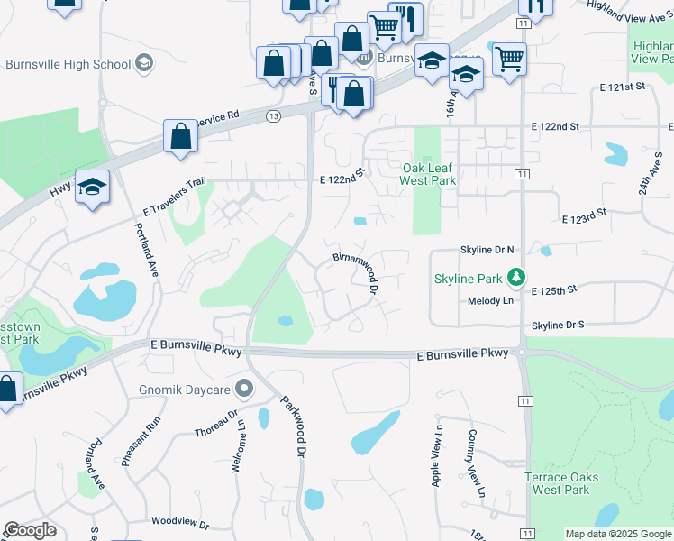 map of restaurants, bars, coffee shops, grocery stores, and more near 141 Birnamwood Drive in Burnsville