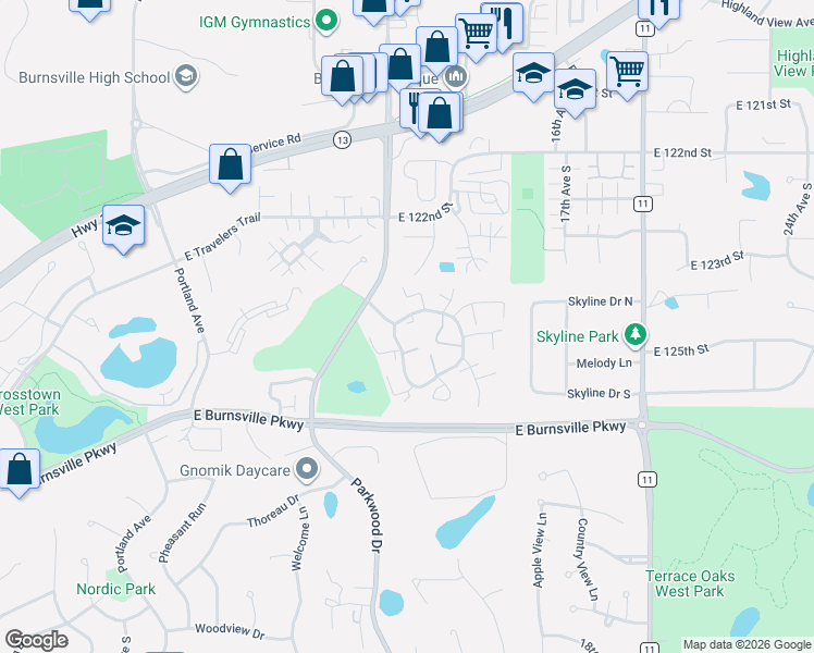 map of restaurants, bars, coffee shops, grocery stores, and more near 127 Birnamwood Drive in Burnsville