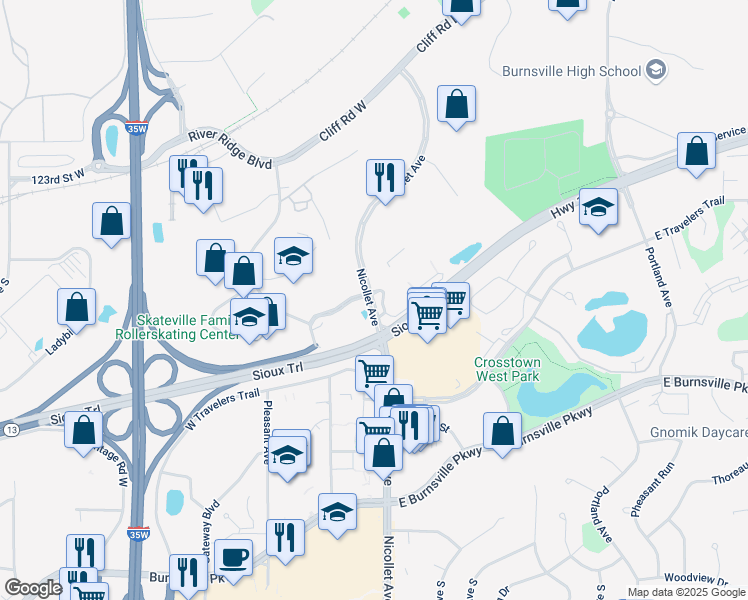 map of restaurants, bars, coffee shops, grocery stores, and more near 191 River Ridge Ln in Burnsville