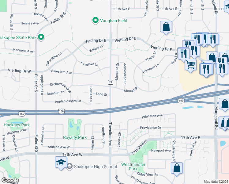 map of restaurants, bars, coffee shops, grocery stores, and more near 1461 Spencer Street South in Shakopee
