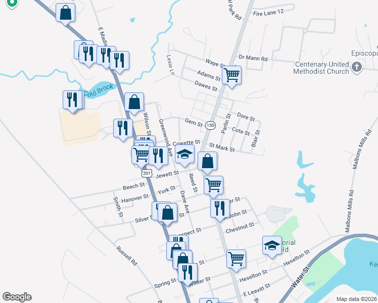 map of restaurants, bars, coffee shops, grocery stores, and more near 16 Wood Street in Skowhegan