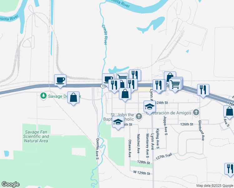 map of restaurants, bars, coffee shops, grocery stores, and more near 4845 123rd Street West in Savage