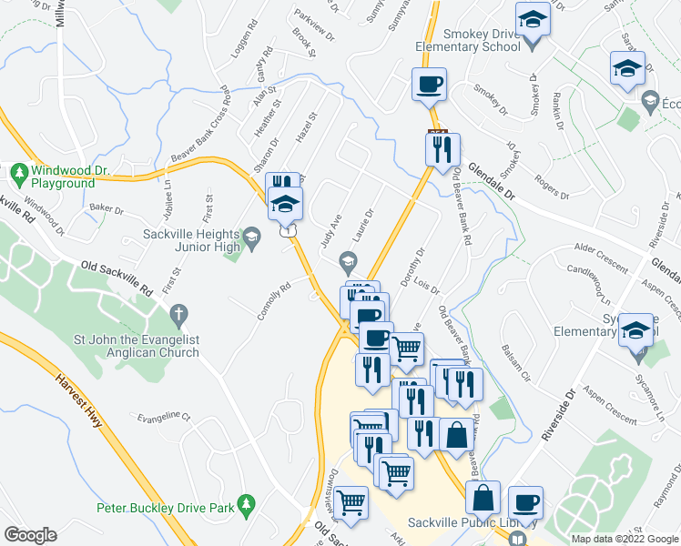 map of restaurants, bars, coffee shops, grocery stores, and more near 14 Judy Avenue in Lower Sackville