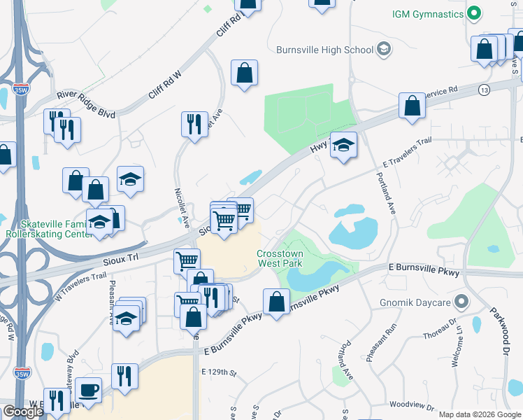 map of restaurants, bars, coffee shops, grocery stores, and more near 411 Meadowood Lane in Burnsville