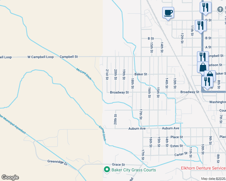 map of restaurants, bars, coffee shops, grocery stores, and more near 3925 Broadway Street in Baker City