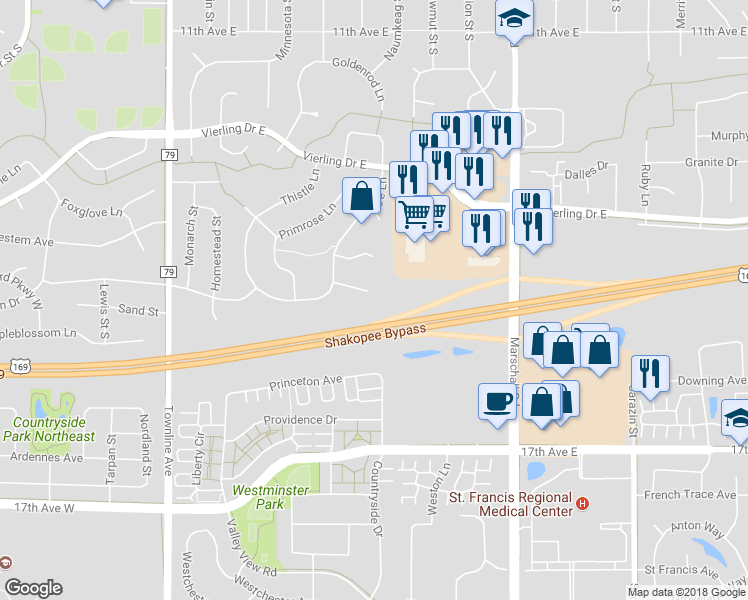 map of restaurants, bars, coffee shops, grocery stores, and more near 1072 Juniper Court in Shakopee