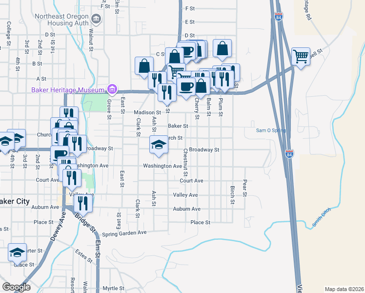 map of restaurants, bars, coffee shops, grocery stores, and more near 1206 Broadway Street in Baker City