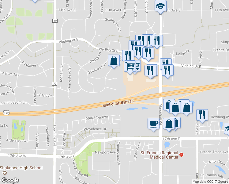 map of restaurants, bars, coffee shops, grocery stores, and more near 1056 Juniper Court in Shakopee