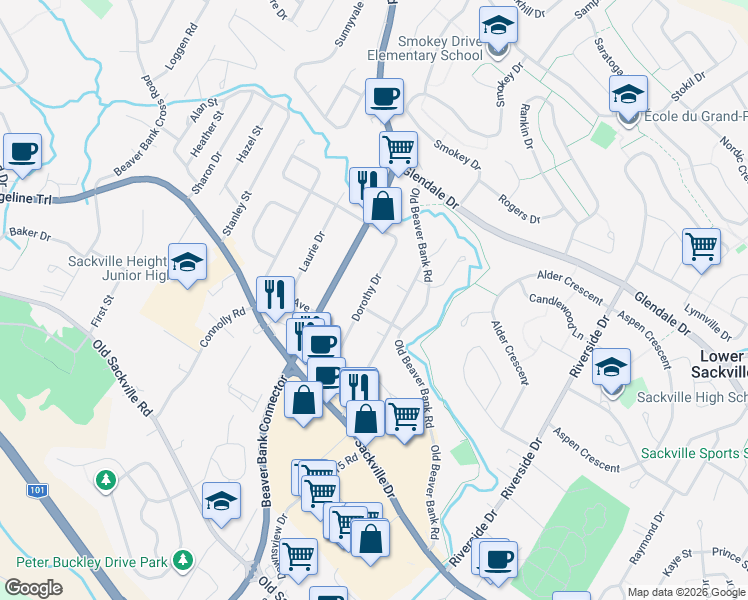 map of restaurants, bars, coffee shops, grocery stores, and more near 17 Dorothy Drive in Lower Sackville