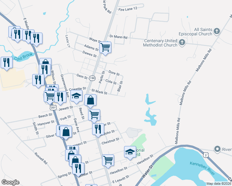 map of restaurants, bars, coffee shops, grocery stores, and more near 45 Saint Mark Street in Skowhegan