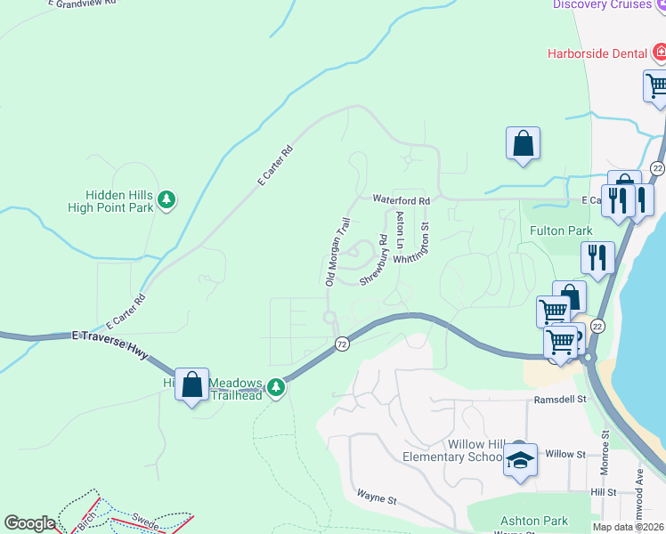 map of restaurants, bars, coffee shops, grocery stores, and more near Old Morgan Trail in Traverse City