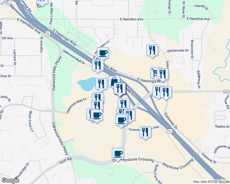 map of restaurants, bars, coffee shops, grocery stores, and more near 4800 Golf Road in Eau Claire