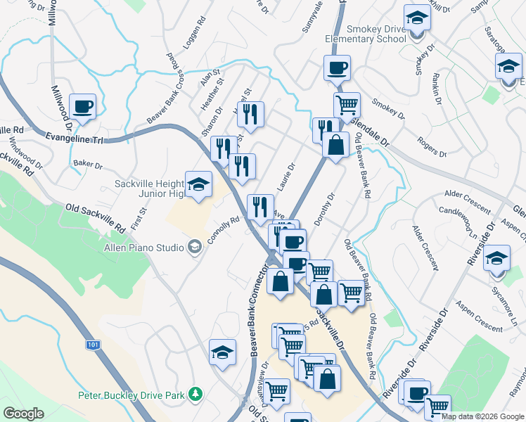 map of restaurants, bars, coffee shops, grocery stores, and more near 20 Judy Avenue in Lower Sackville