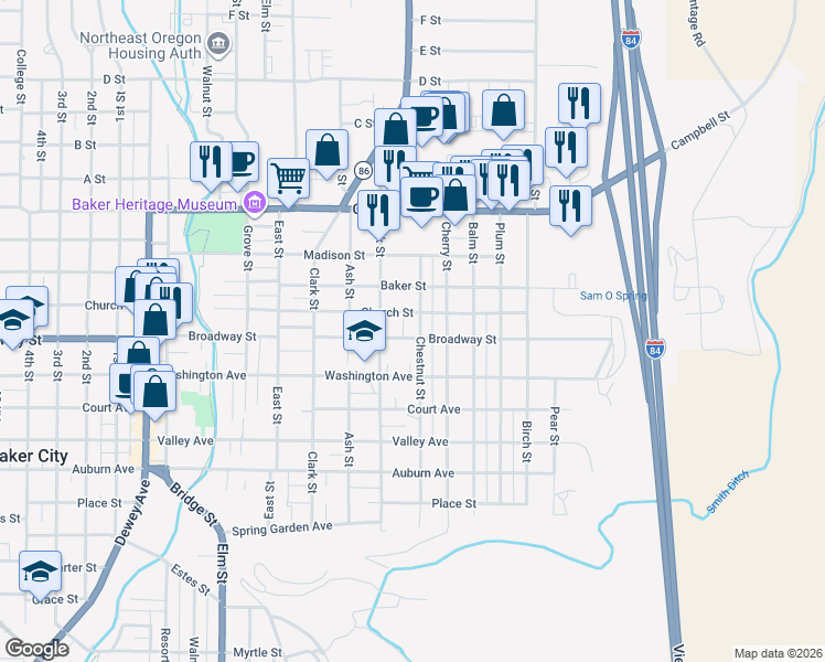 map of restaurants, bars, coffee shops, grocery stores, and more near 1206 Broadway Street in Baker City