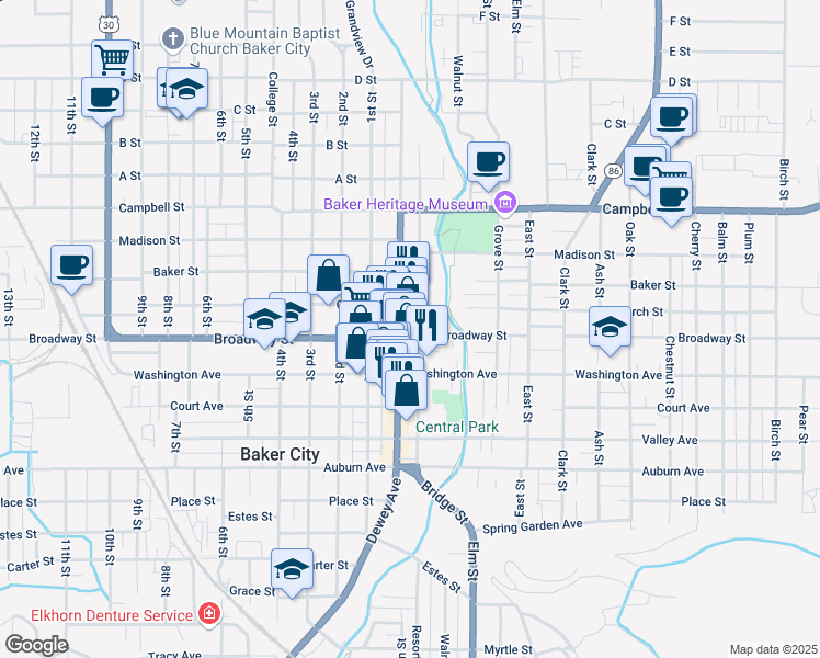 map of restaurants, bars, coffee shops, grocery stores, and more near in Baker City