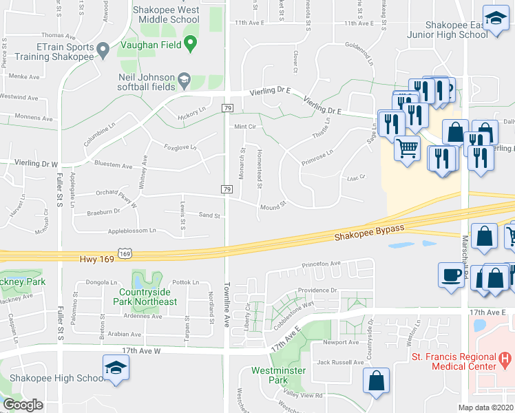 map of restaurants, bars, coffee shops, grocery stores, and more near 1551 Homestead Street in Shakopee