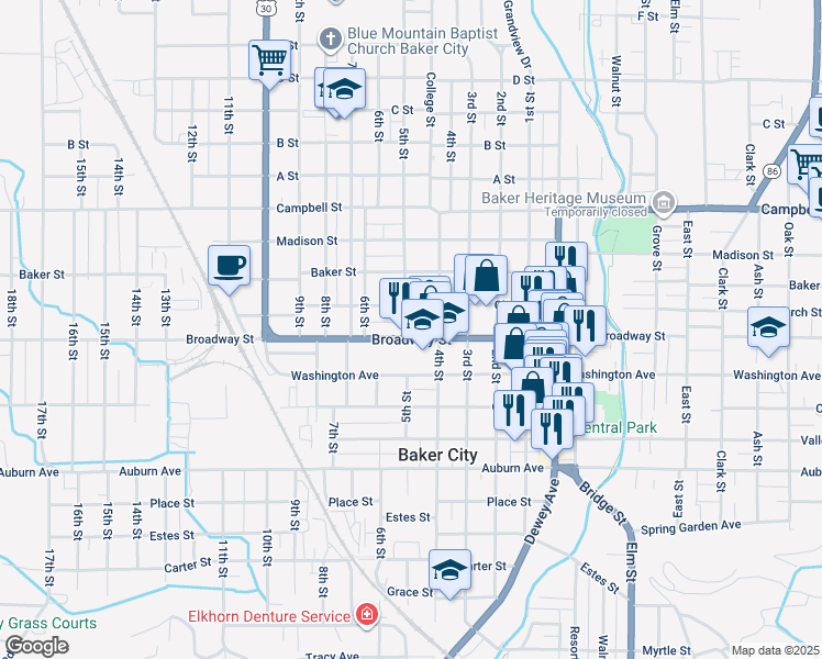 map of restaurants, bars, coffee shops, grocery stores, and more near 2390 Broadway Street in Baker City