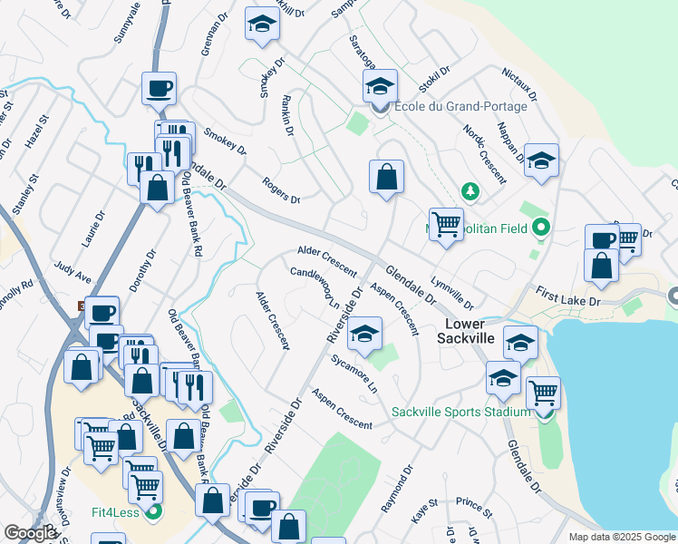 map of restaurants, bars, coffee shops, grocery stores, and more near 31 Macintyre Lane in Lower Sackville