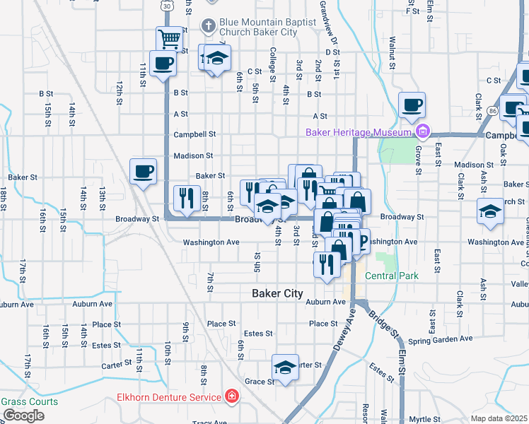 map of restaurants, bars, coffee shops, grocery stores, and more near 2390 Broadway Street in Baker City